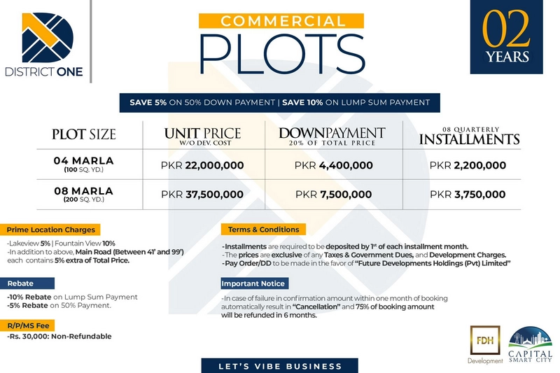 District One Commercial Plots Capital Smart City –  Prices & Payment Plan