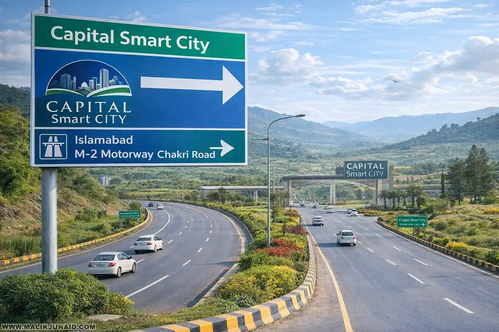 Find complete Capital Smart City directions with route details from Islamabad, Rawalpindi, Chakri Road, M-2 Motorway, and the Capital Smart City interchange. Explore maps, location guides, and office contact details.