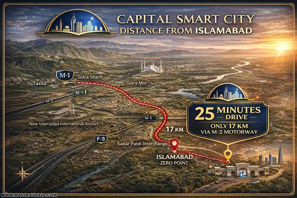 Discover Capital Smart City distance from Islamabad, airport access, M-2 interchange connectivity, maps, phases, and investment potential near the capital of Pakistan.