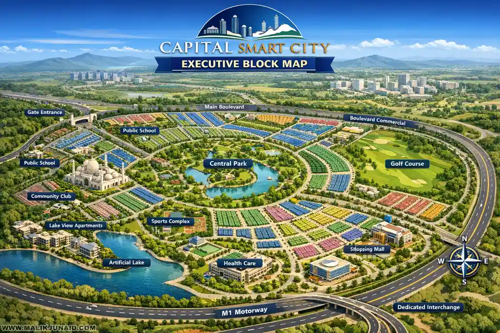 Explore the Capital Smart City Executive Block map with a complete guide to Executive 1 Block C, location, interchange access, maps, contact details, and smart investment insights in Capital Smart City Islamabad.