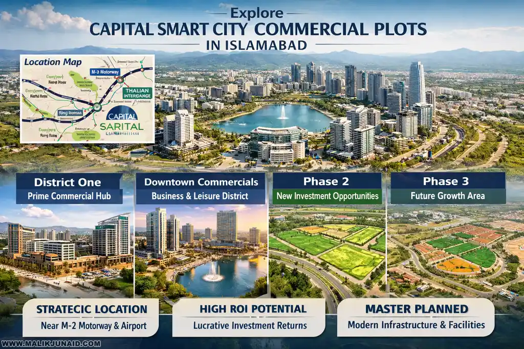 Explore Capital Smart City commercial plots in Islamabad, including District One, Downtown Commercials, Phase 2 and Phase 3 options, maps, location, and investment potential.