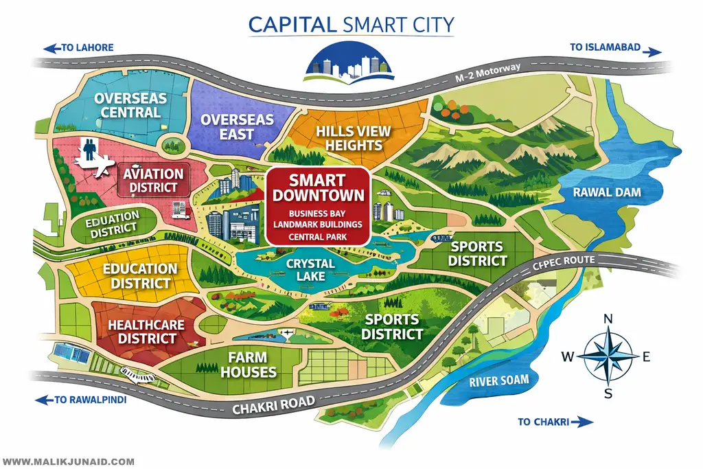 Explore the Capital Smart City map, location, office details, blocks, Phase 1, Phase 2, Phase 3, commercial plots, and investment potential in Islamabad.