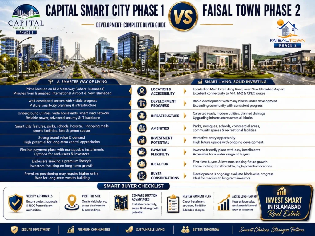 Capital Smart City Phase 1 vs Faisal Town Phase 2 Development Comparison